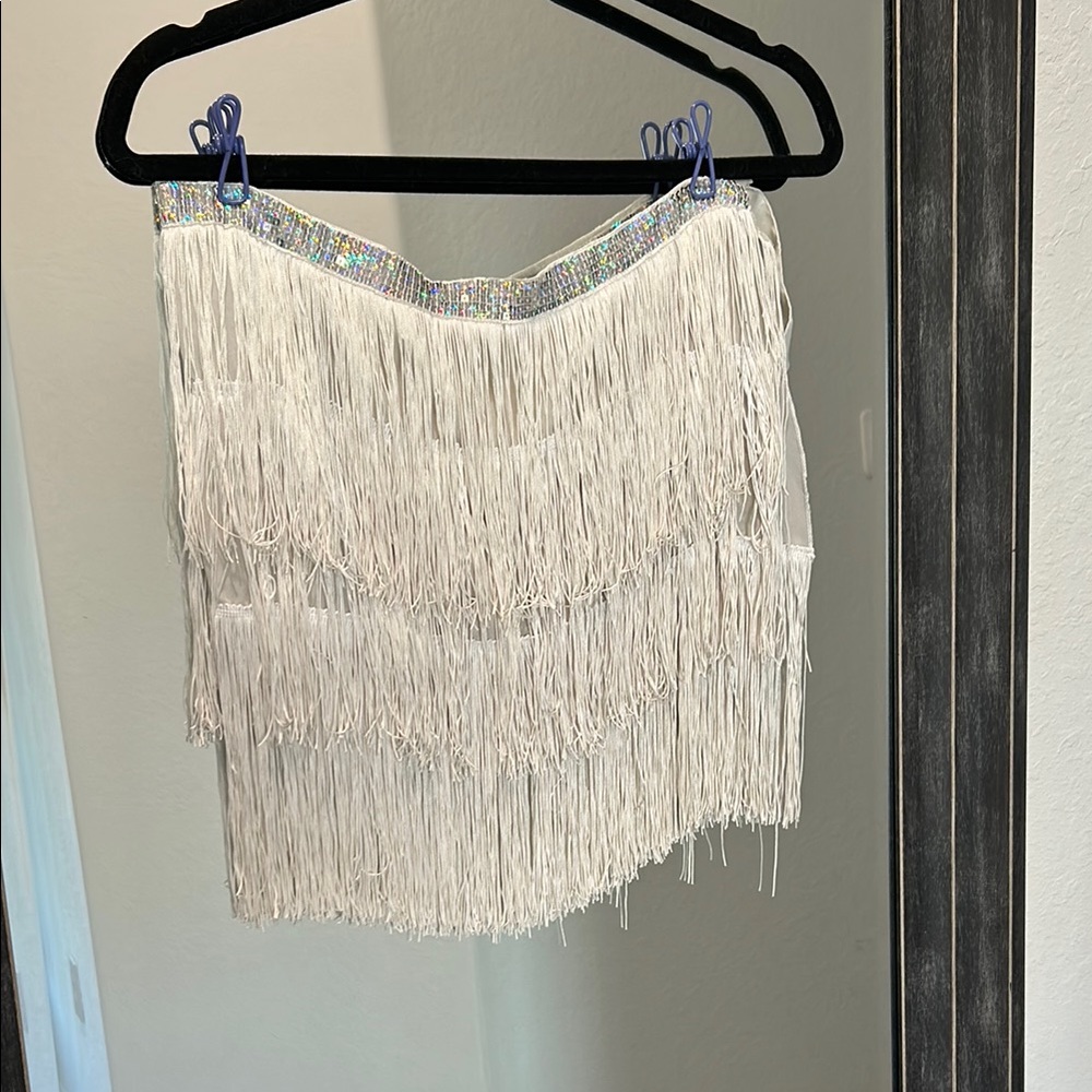 white fringe tie waist sequin skirt